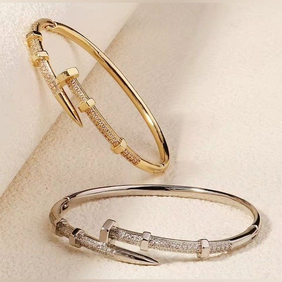 18K White Gold Nail Bolt Screw Bracelet Bangle Diamond Inlay Designer Inspired - Picture 6 of 8